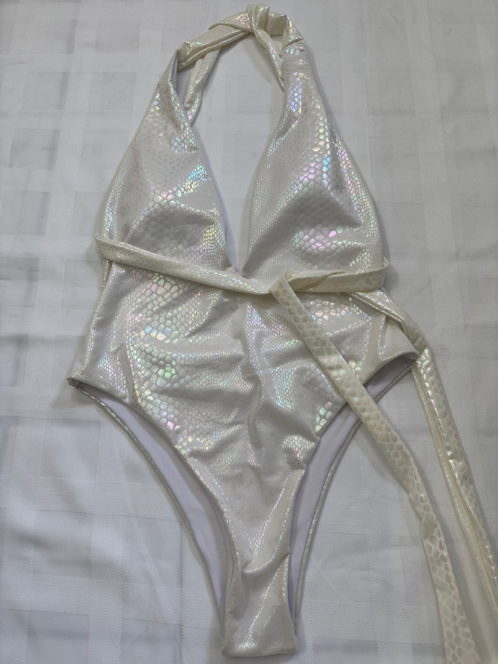 Set of 2 Coral Pink Silver Metallic Bikini Set/Cream Iridescent 1 Pc - Picture 10 of 16